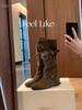 Cowhide Version Jialida Inner Height Increase 6cm Knight Boots Women's Cross Buckle Pleated Boots Slim Medium Boots