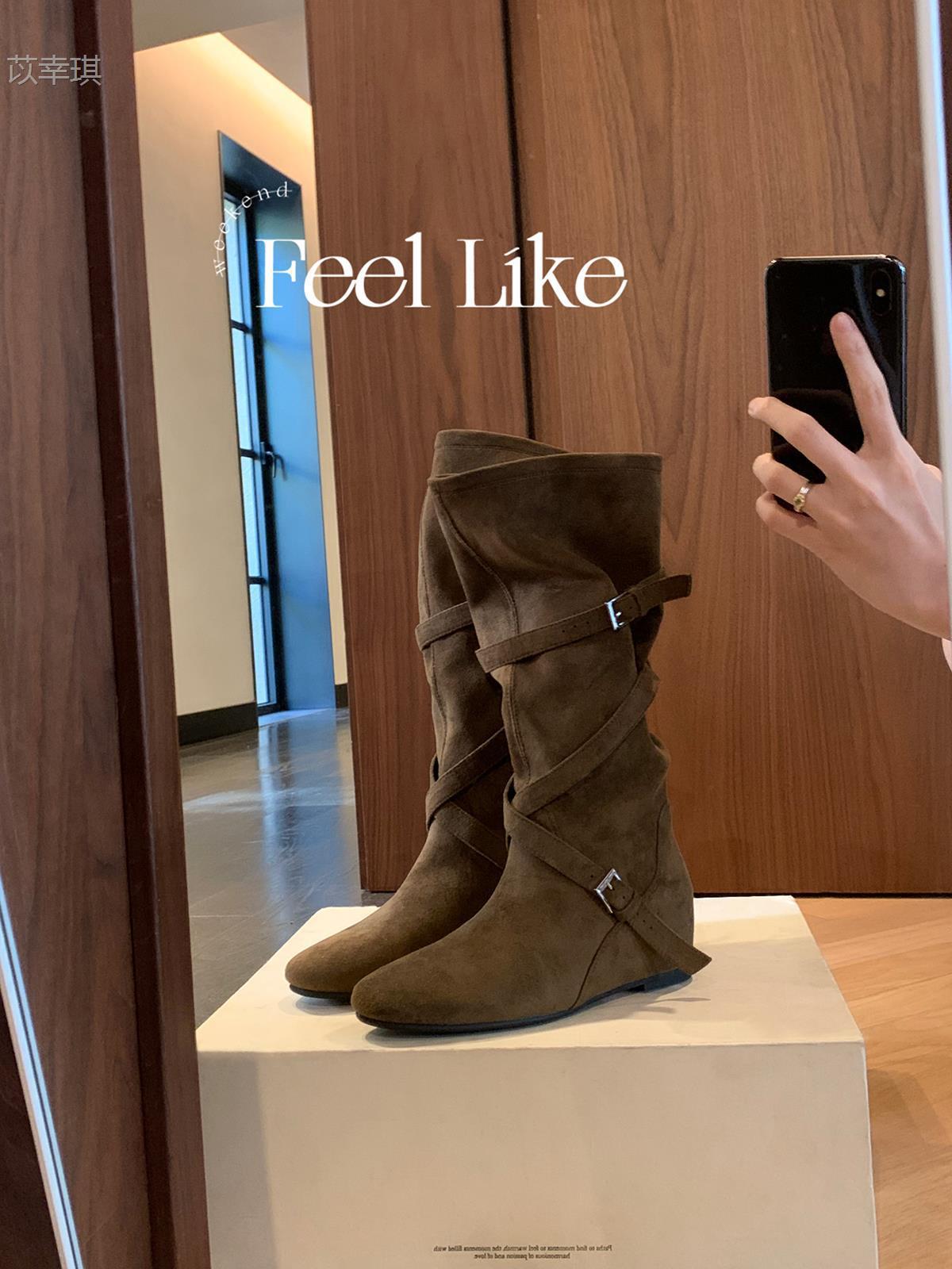 

Cowhide version Jialida inner height increase 6cm knight boots women s cross buckle pleated boots slim medium boots 35