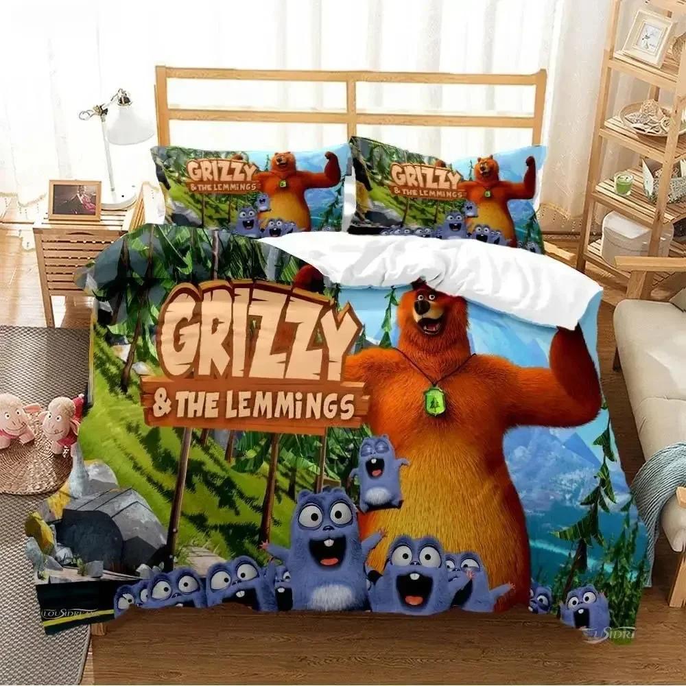 Grizzly & Die Lemminge Cartoon Anime Gedrucktes Bettset Bettbezug Kissenbezug Bettwäscheset Leinenlaken Bettdecke Volle Bettgröße