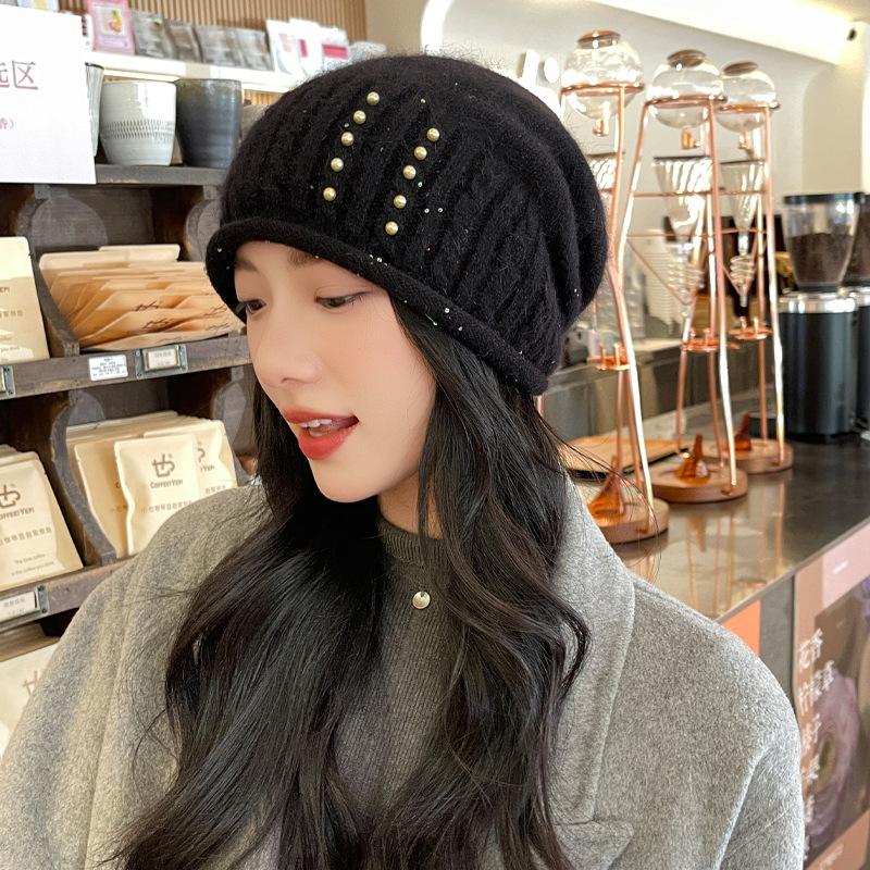 Autumn and Winter Hat Women's Warm Thickened Knitted Wool Hat Pearl Solid Color Hat  Autumn and Winter,  Beret for Women, Thick Pullover Hat