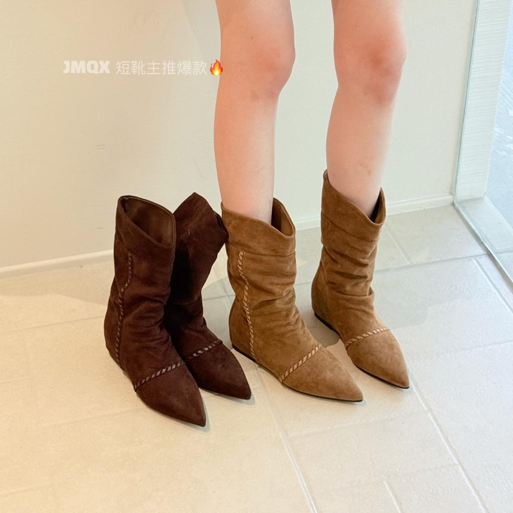 Martin boots women's 2025 autumn new wasteland lace pointed thick heel thin pile boots western cowboy short boots