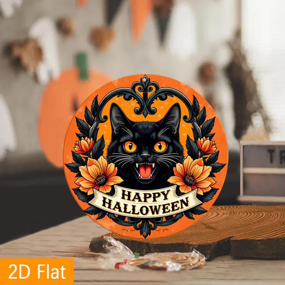 Mfoever Tin Sign Vintage Happy Halloween Black Cat Metal Tin Sign Retro Spooky Floral Round Wall Art Decor Classic Gothic Holiday Cat Tin Paint