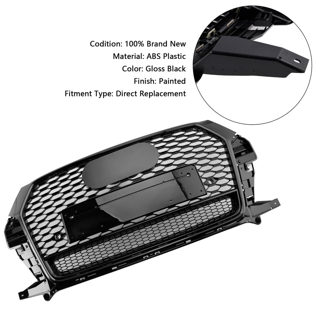RSQ3 Style Front Honeycomb Grill Grille 8U0853653M Fit Q3 2016-2018 Gloss Black