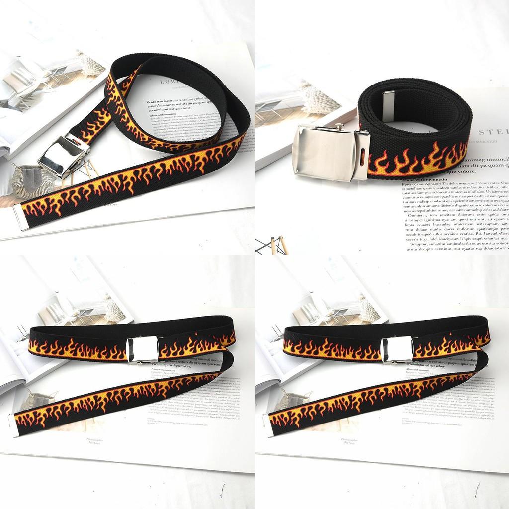 Fashionable Flame Pattern Metal Buckle Decoration Woven Canvas Belt For Men And Women Casual Style