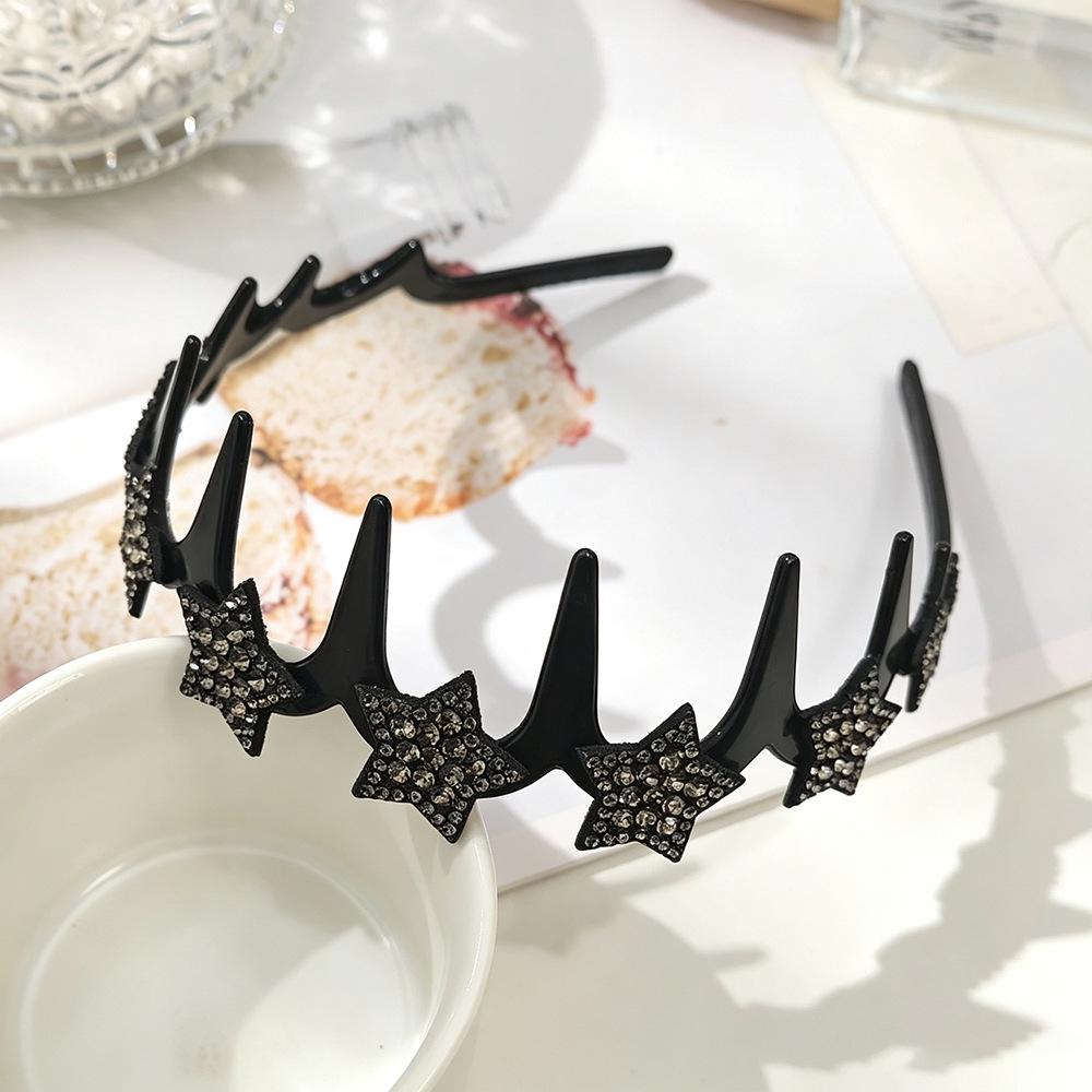 Korean Sparkly Rhinestone Flower Wavy Black Headband with Non-slip Teeth for Women