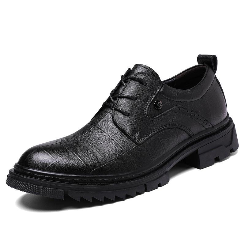 Spring Embossed Plaid Leather Men s Lace-up Business Shoes, Large Size, Thick Sole, Height Increasing, Casual Cowhide Design. 44