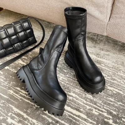 Fashion Ladies 2025 Women's Platform Chelsea Black Mid Calf Boots Pipe Autumn Winter Flat Short Leather Rubber Comfortable