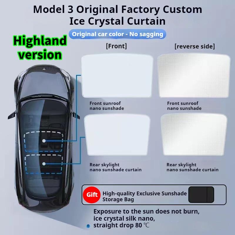 For Tesla Model 3/Y Model 3 Highland Model Y Juniper 2025+ Ice Cloth Buckle Glass Roof Sunshade Car Front Rear Sunroof Skylight