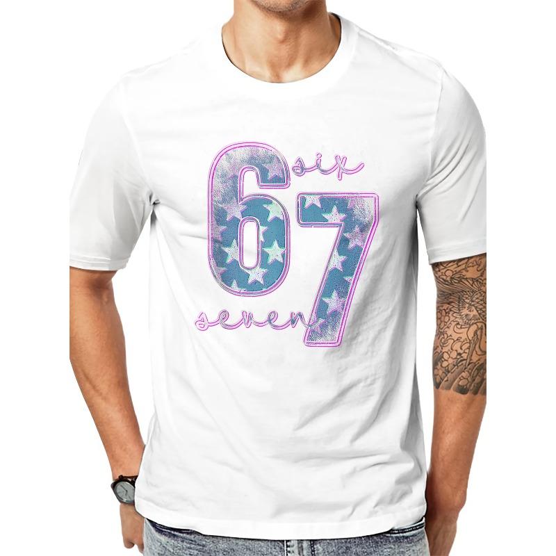 European sizes Men's 6 Seven Pattern T-Shirt- Bold 67 Number Design with Purple Letters, Heavyweight Casual Crew Neck Short Sleeve T-Shirt