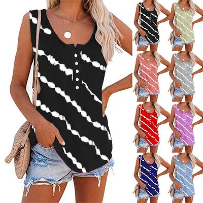 Summer Women's Round Neck Loose Striped Sleeveless Button Vest T-shirt