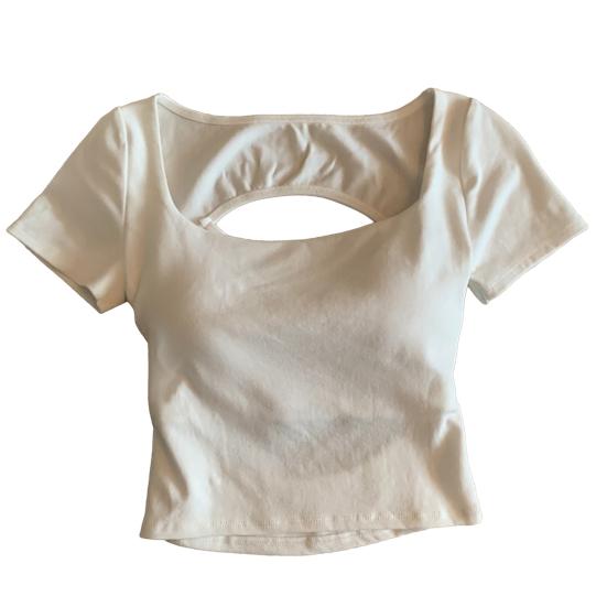 Camiseta de Mujer Cuello Cuadrado Manga Corta Espalda Hueca Camiseta Color Sólido Ajuste Slim Tops Cortos Uso Diario