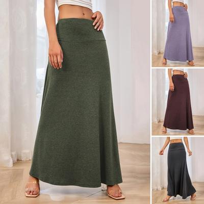 Saia longa feminina elástica cintura alta linha A saia longa design de cor sólida