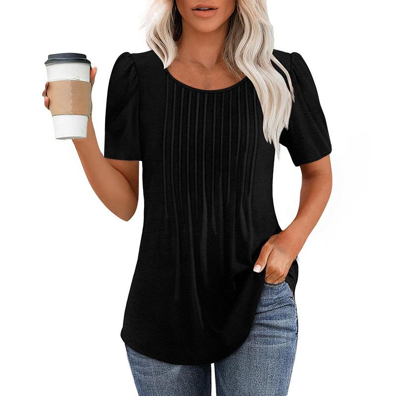 Neues plissee-Rundhals-Kurzarm-T-Shirt Damen-Oberteil Damenbekleidung