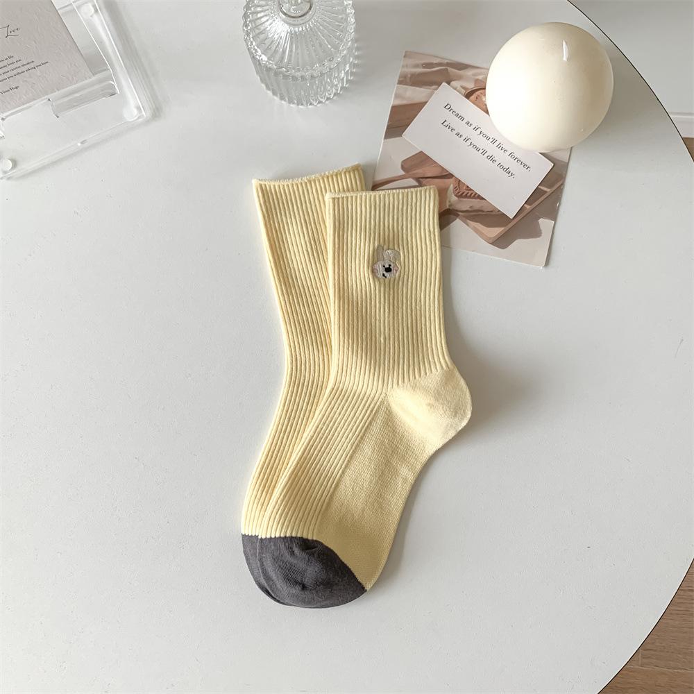 Dongdaemun Women'S Socks Double Needle Cartoon Expression Smiley Face Animal Embroidery Women'S Cotton Socks Medium Tube Socks Stacking Socks