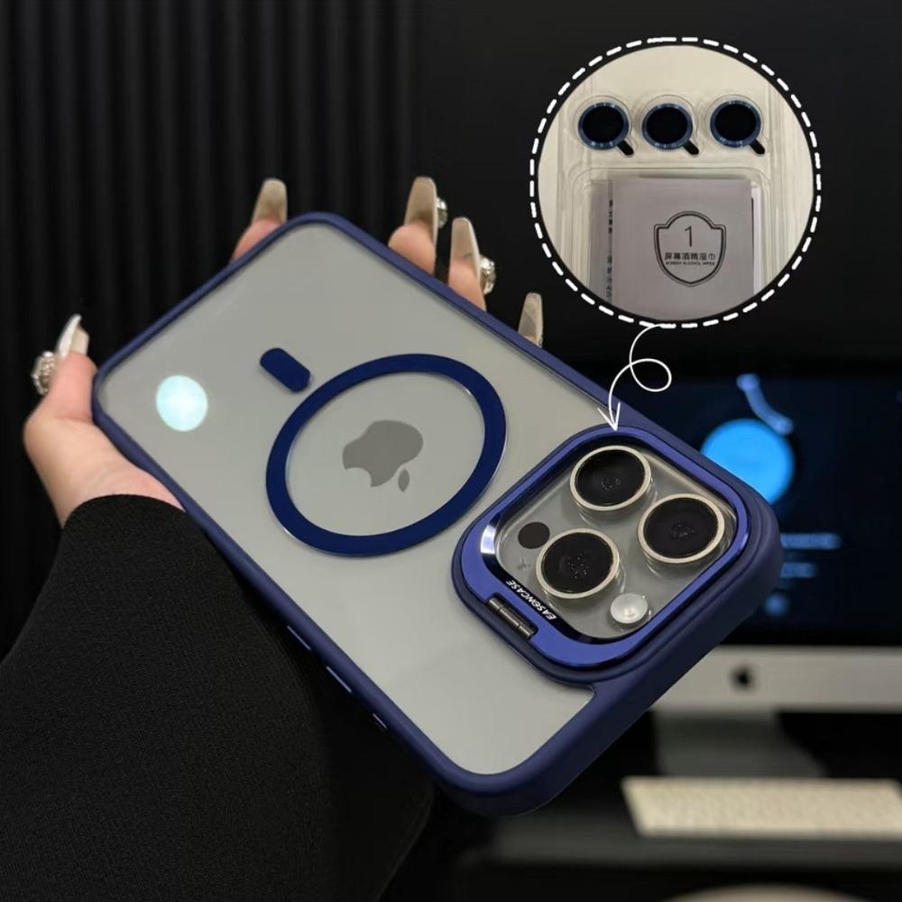 Luxury Transparent Phone Case For 16 15 14 13 12 11 Pro Max 17 Air For Magsafe Magnetic Lens Metal Stand Holder Cover