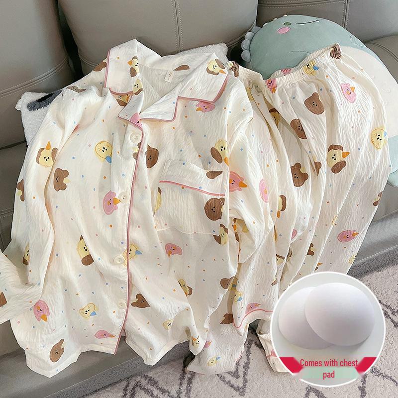 Women's Spring/Autumn Pajama Set: Thin Cloud Cotton with Chest Pads, Long-Sleeved Cardigan, Sweet and Cute Homewear.