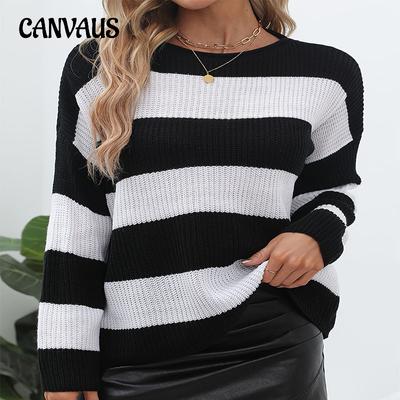 Plus Size Temperament Round Neck Long Sleeve Knit Sweater Women's Autumn and Winter Striped Loose Casual Sweater