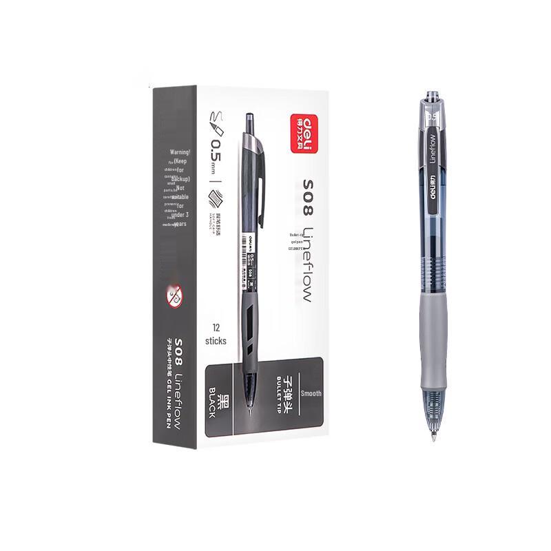 Deli S08 Retractable Gel Pen, 0.5mm, Black (12-pack)