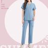 Women's Short Sleeved Color V Neck Pocket Top Pants Work Clothes Two Piece Set