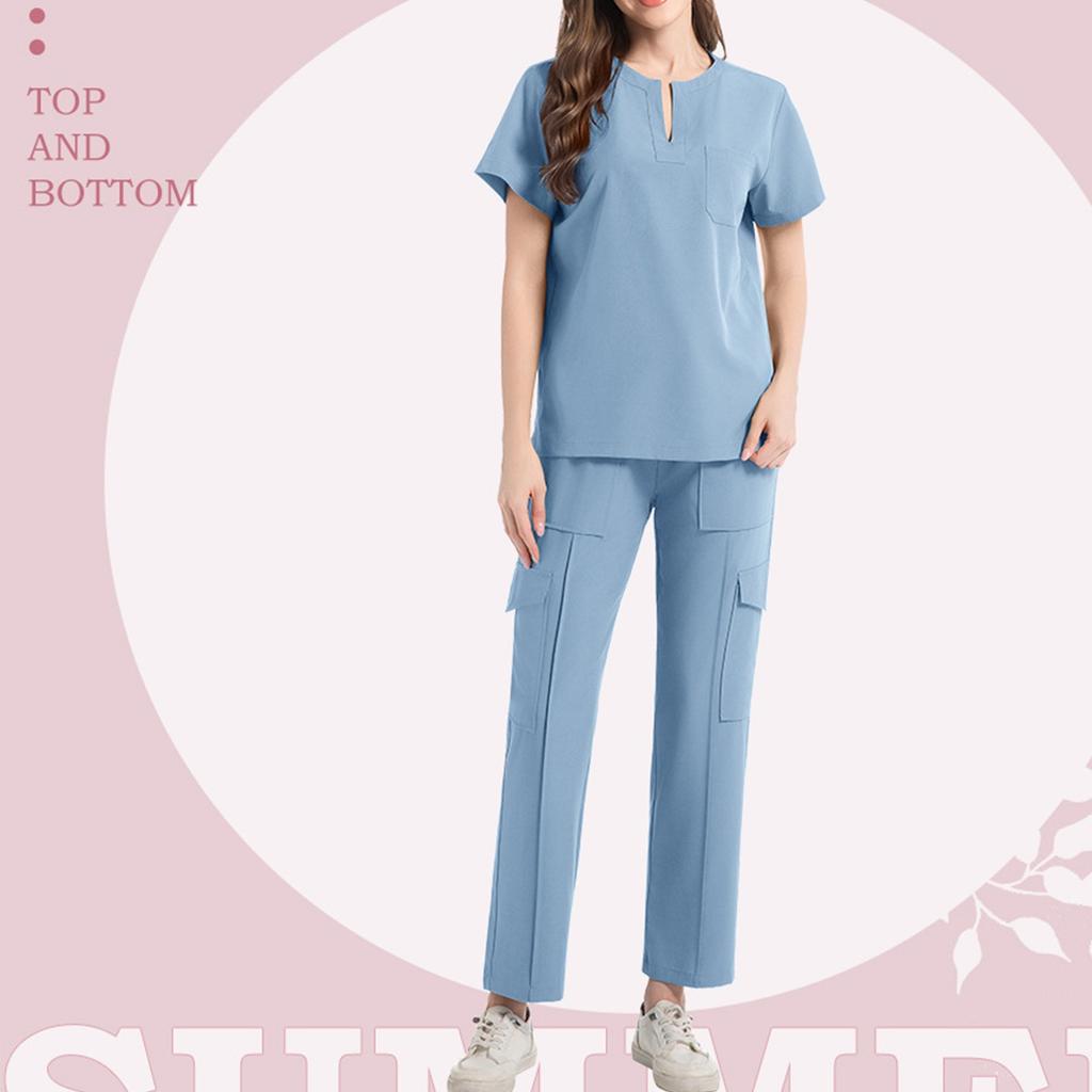 Women's Short Sleeved Color V Neck Pocket Top Pants Work Clothes Two Piece Set