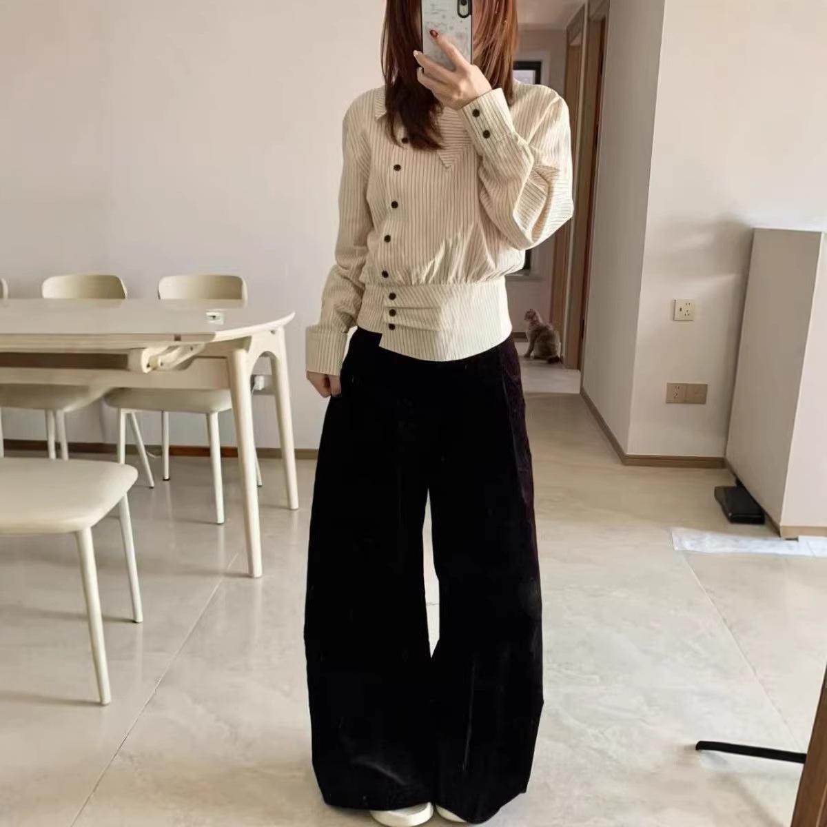 Women s French Retro Striped Shirt with Lapel, Irregular Design, Slanted Placket, Slimming Fit, Inner Layer Top S