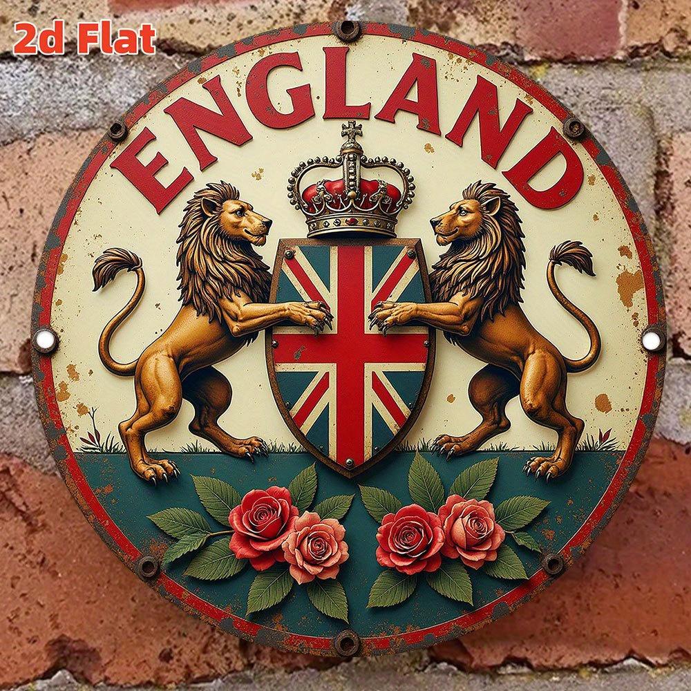 D Flat Vintage England Emblem Wall Art Aluminum Sign with Lion and Rose Design Durable IndoorOutdoor Decor for Home