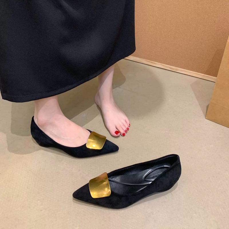 Metal Buckle Slip Inside Heightened Single Shoes Pointed Toe Suede Soft Sole Non-Slip Low Top Shoes