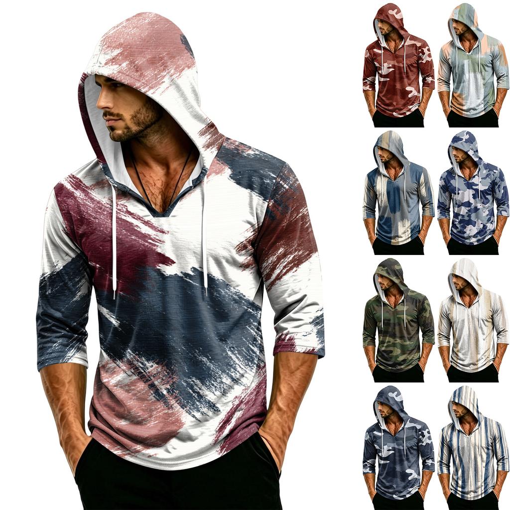 Men's Loose Fit Casual Hoodie Camouflage Pattern Three Quarter Sleeve Pullover Lightweight Breathable Hooded Shirt for Outdoor Activities