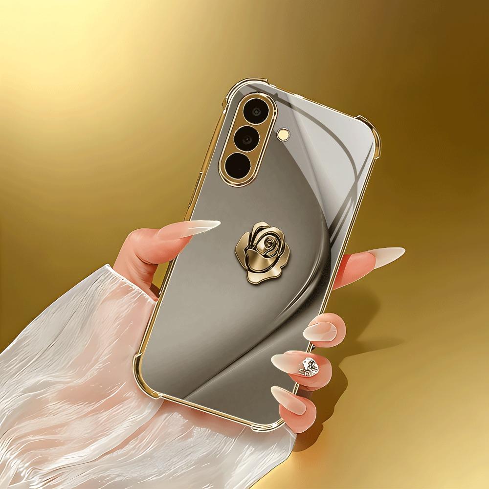 Golden rose badge pattern glass phone case suitable for Samsung Galaxy S26 S25 S24 S22 S21 S20 FE/Ultra/Plus anti drop case