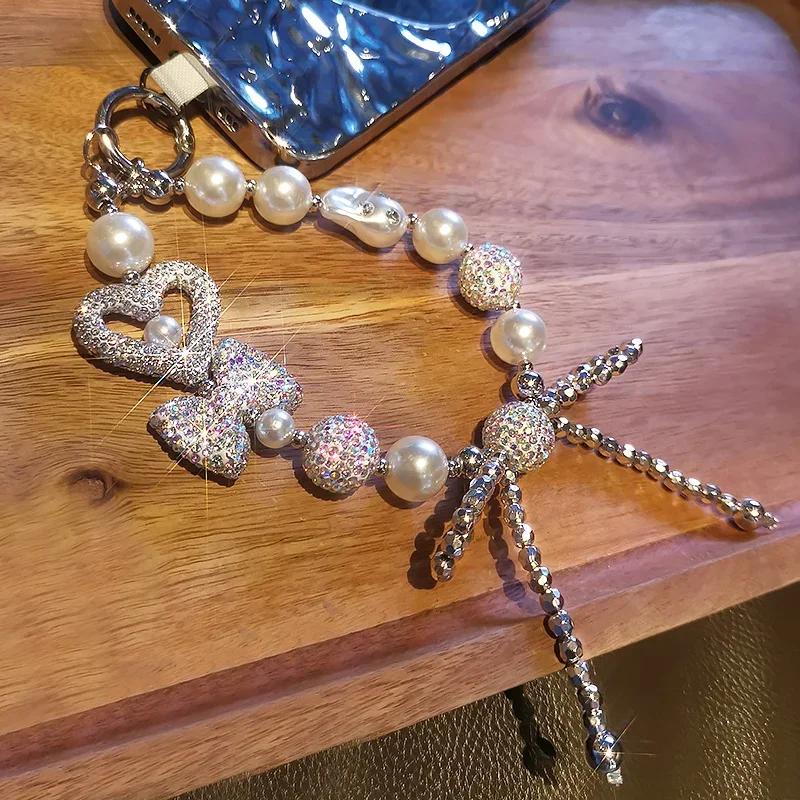 Full Diamond Love Butterfly Knot Bracelet Mobile Phone Lanyard Handmade Beaded Chain Sparkling Diamond Transparent Wrist Strap