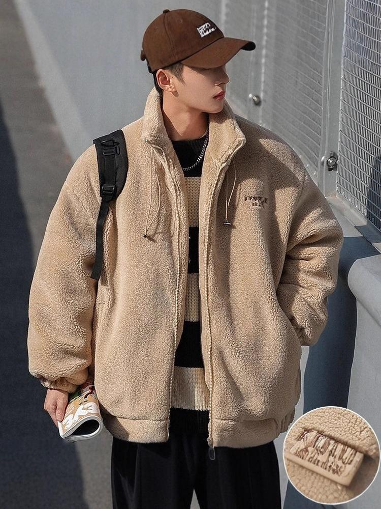 Men's Trendy Fleece Lambswool Stand Collar Jacket - Winter Plus Velvet, Thick Loose Fit, Casual Warm CottonOuterwear