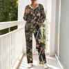 Women's Casual Hooded Pajama Set with V-Neck, Long Sleeves, Loose Fit, Print and Pockets for and Sleep