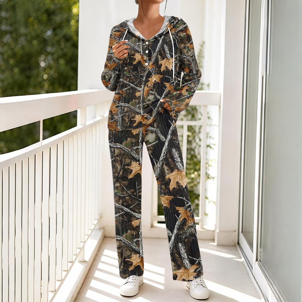 Women's Casual Hooded Pajama Set with V-Neck, Long Sleeves, Loose Fit, Print and Pockets for and Sleep