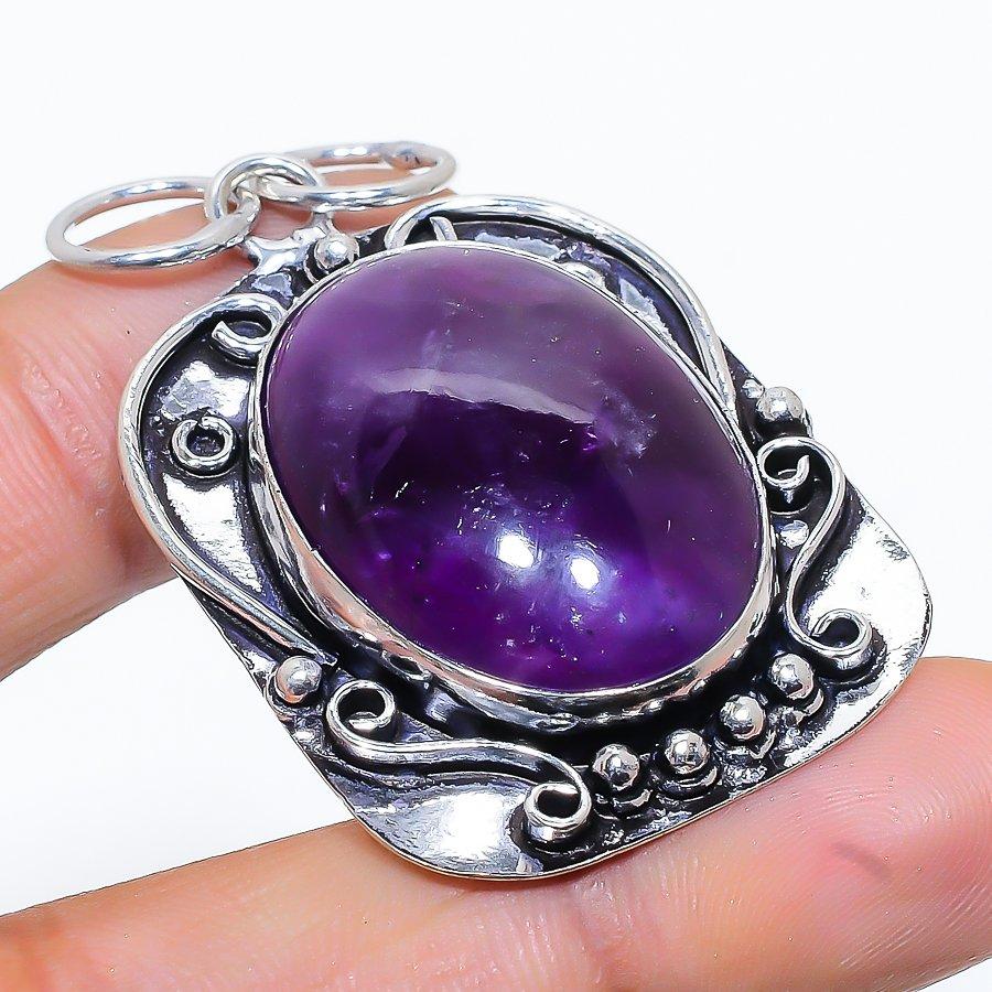 Natural Sage Amethyst Gemstone 925 Sterling Silver Gift Pendant 1.97" W5j11