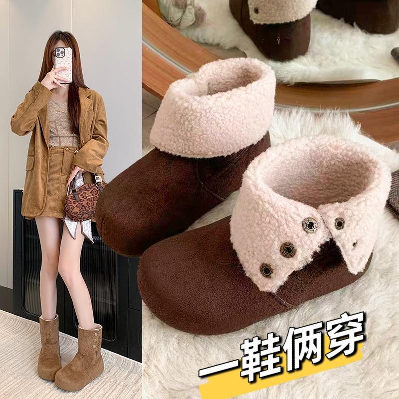 Two wear snow boots women's winter new retro lamb wool short boots velvet cotton shoes
