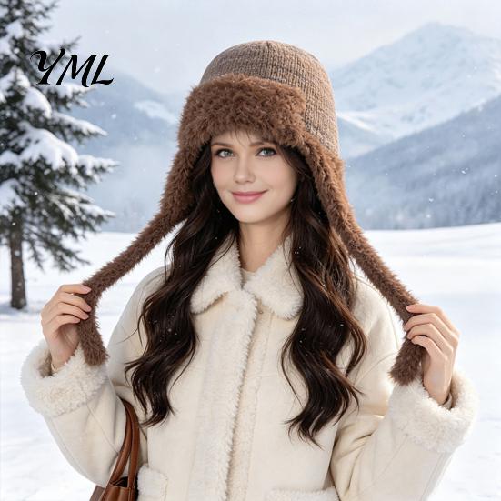 Thermal Wool Blend Hats Women Trapper Hat, Knitted Hat with Ear Flaps, Fuzzy Travel Essential Headgear Trim, Warm Winter Knit for Cold Weather Hiking