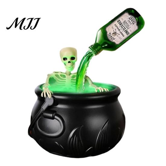 Dekoracja Halloween Czaszka i Butelka Kociołek Czarownicy, Duże Plastikowe Czarne Wiadro z Pływającą Butelką Mikstury, Kociołek Czarownicy Lampa Straszny Garnek na Zupę
