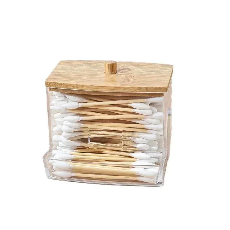 1Pcs Cotton Swab Holder, Cotton Swab Dispenser with Bamboo Lids,Bamboo Bathroom Storage Jars Storage Containers Clear Plastic
