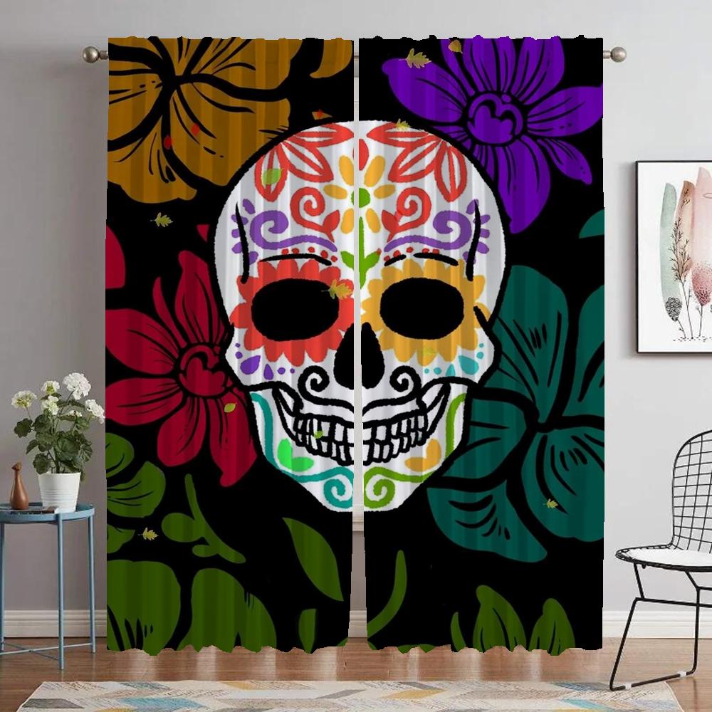 Mexico Flower Skull Blackout Curtains for Living Room Window Curtain for Room 2 Panel Partition Home Interior Curtains Shades