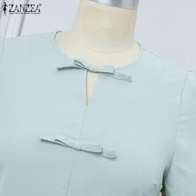 ZANZEA Elegantes Damen A-Linien Kleid mit Rundhalsausschnitt, kurzen Ärmeln und Taillierung