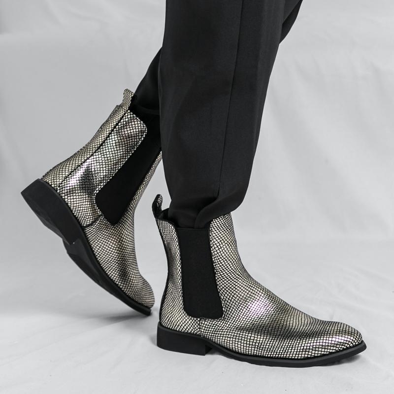 Męskie Złote Botki Chelsea Botki Motocyklowe Retro Street Style Srebrne Buty Wizytowe Smokingowe Ślubne Buty Męskie Botki do Kostki Duży Rozmiar