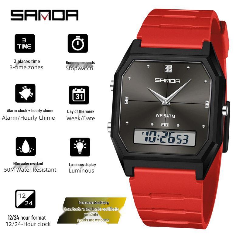 Sanda TEMU Men's Sports Watch: Hot-Selling, Waterproof, Luminous, Thin Square Design, Dual Display, Three Time Zones.
