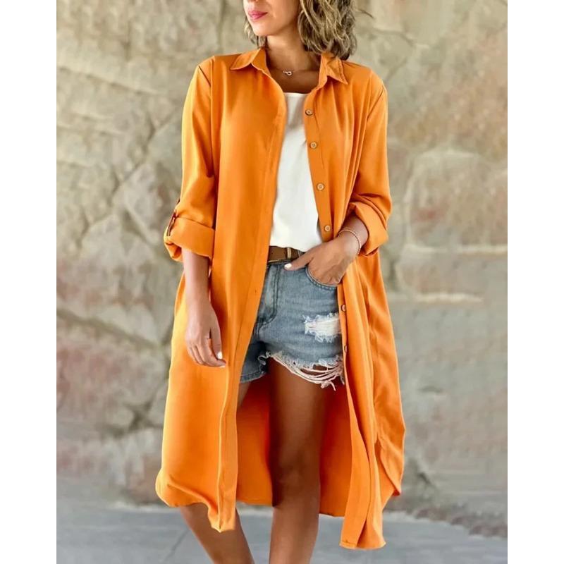 JKASHDK Women's Fashion Spring Fall Solid Color Print Long Sleeve POLO Neck Loose Waistline Casual Dresses