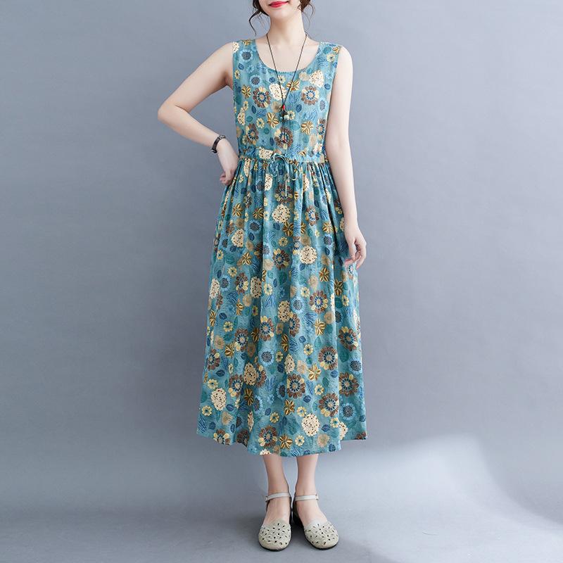 2025 Mori Girl Pastoral Cotton Linen Floral Sleeveless Plus Size Dress