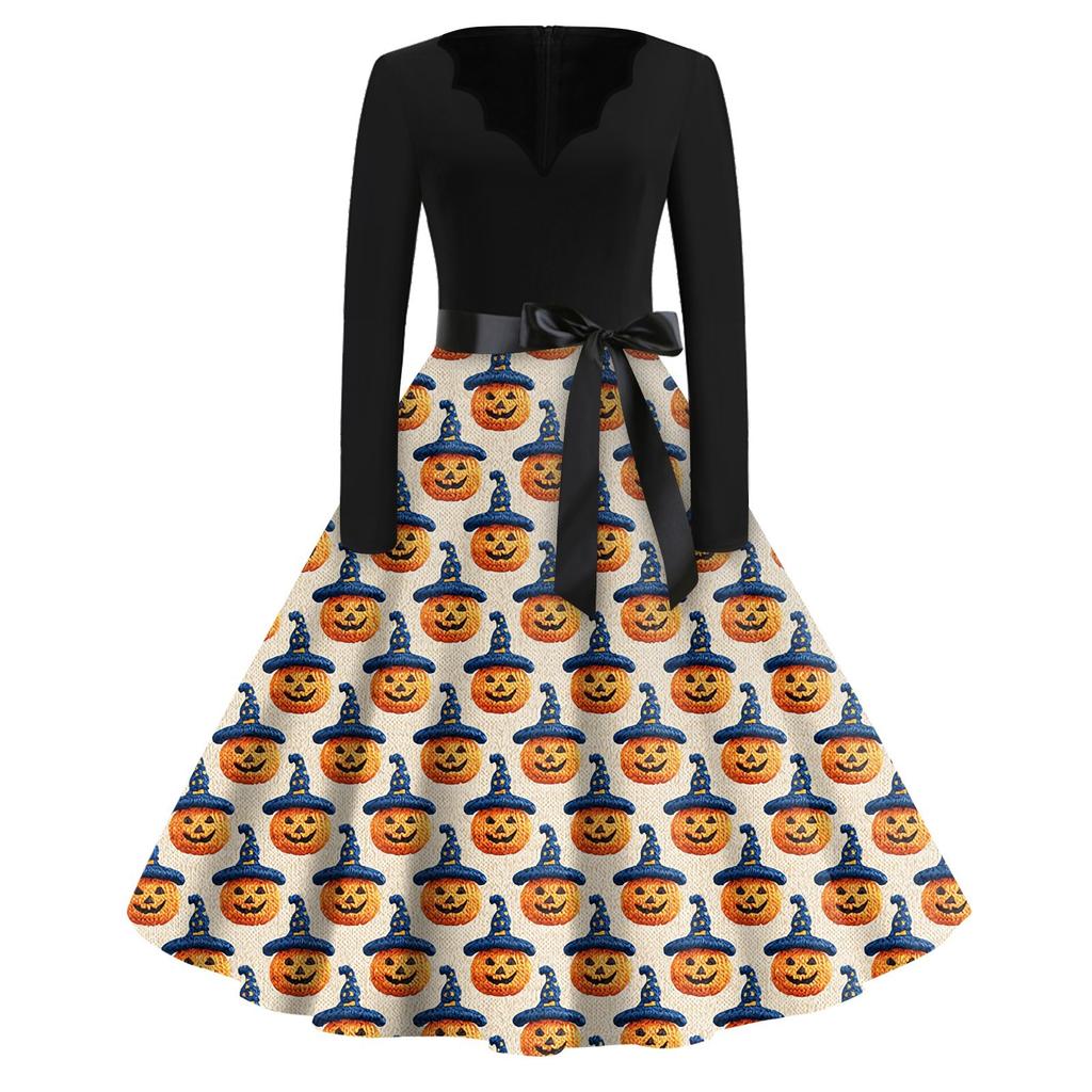 Halloween Print Flare Dress For Women Long Sleeve Dress Hollow Party Casual Dresses