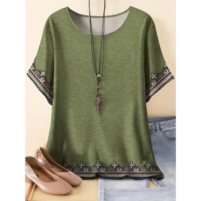 

Летний топ с круглым вырезом и принтом в этническом стиле в стиле ретро, модные повседневные футболки с короткими рукавами для женщин больших размеров 5XL