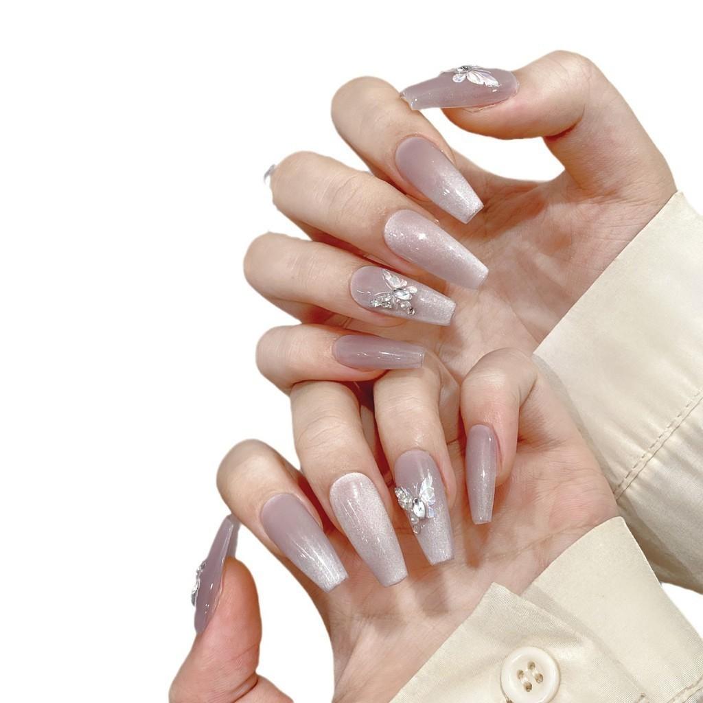 100% HANDMADE Long T Short T Coffin Shape Fake Nails New Spring Skin Colour Cat Eye Butterfly Fake Nails Art Reusable Fake Nails