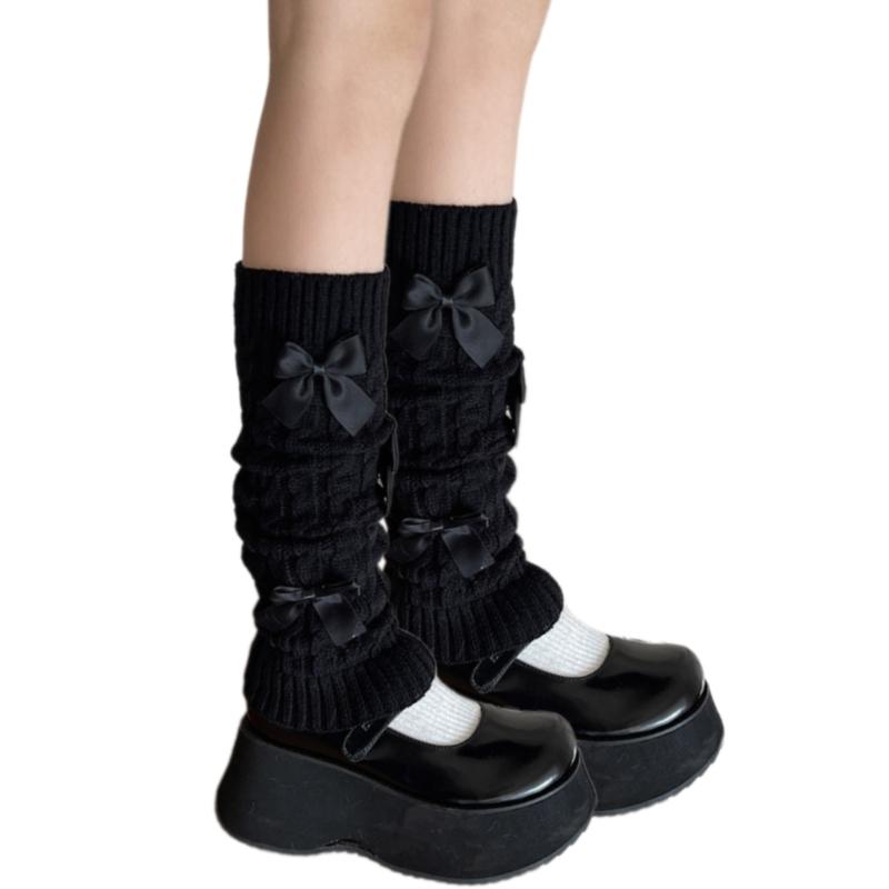 Womens Girls Japanese Cable Knitted Stretch Leg Warmers Sweet Bowknot Accent Leg Covers Footless Boot Socks Streetwear