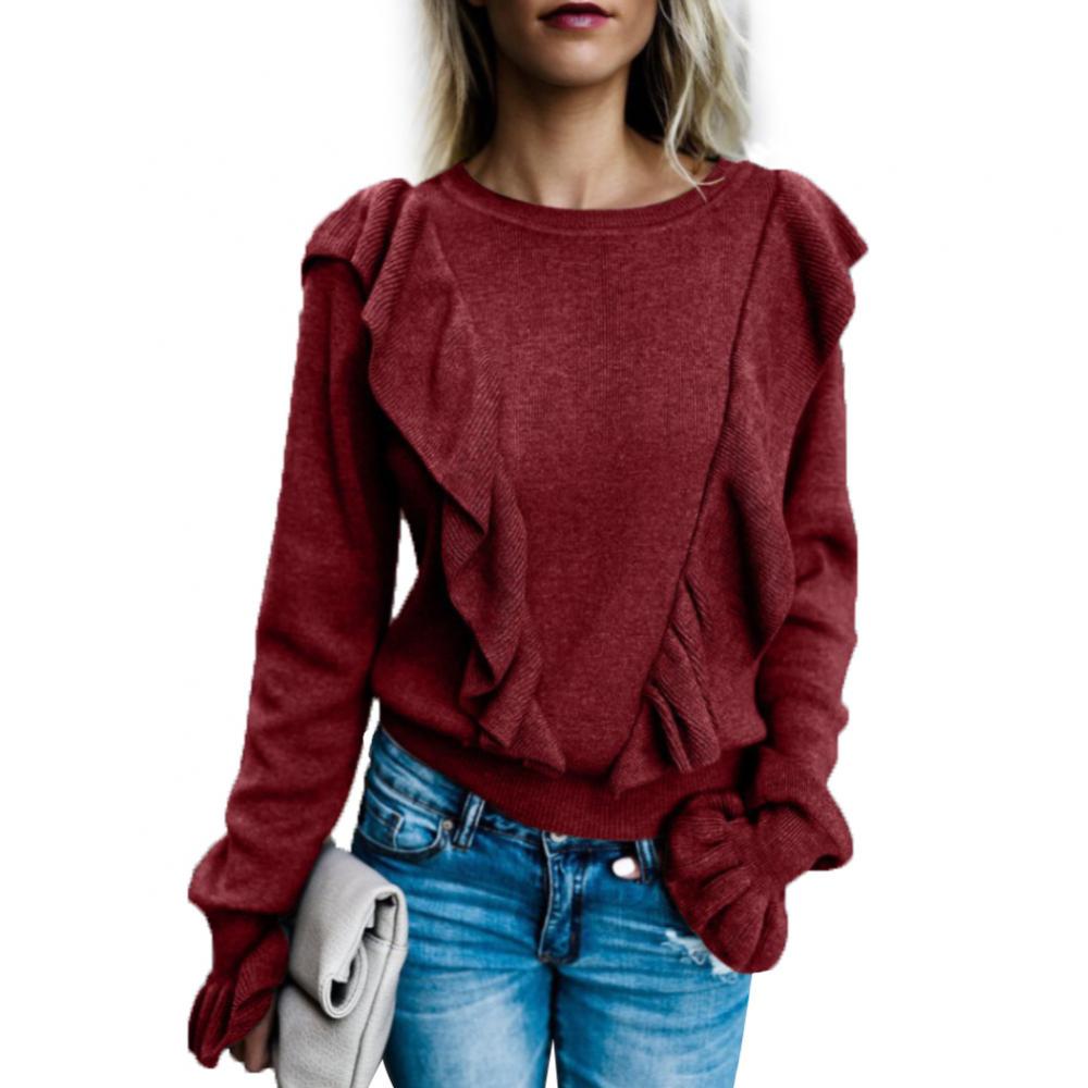 Fashion Women Solid Color Ruffled Long Sleeve O Neck Pullover T-shirt Blouse Top