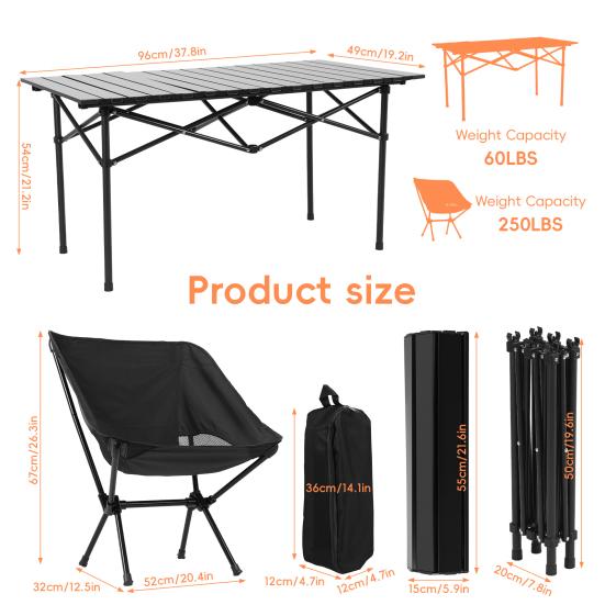 Camping Table Chair Set, Folding Portable Outdoor Table Chair, Fishing BBQ Hiking Folding Stool Table Set with Large Storage Organizer and Carrying